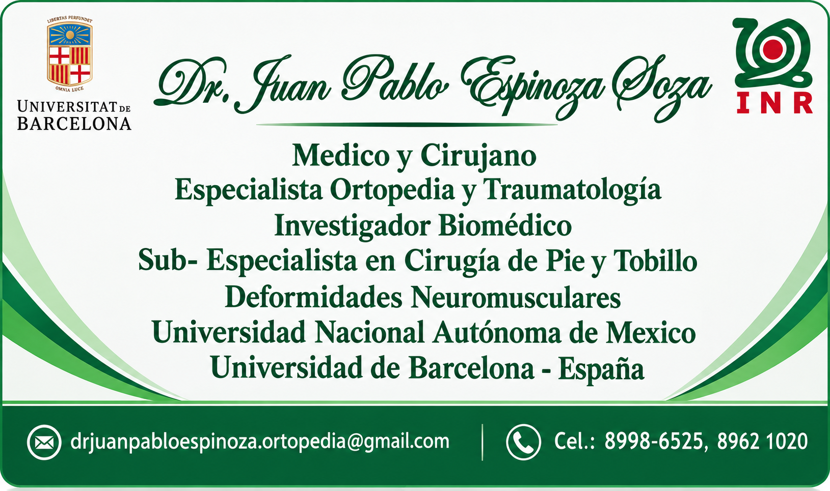 Tarjeta profesional del Dr. Juan Pablo Espinoza Soza